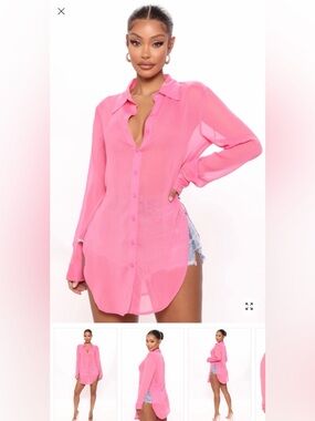 Fashion Nova Sheer Hot Pink Button-Down Blouse